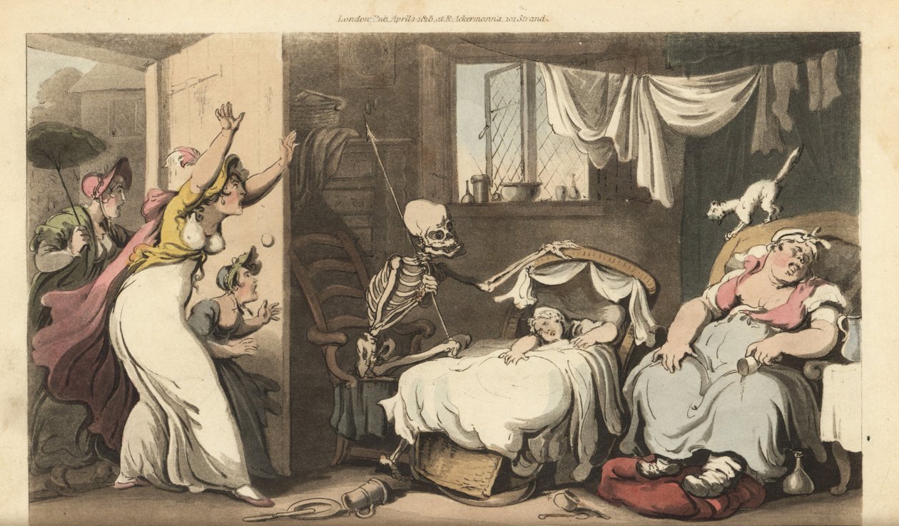 Lo scheletro della Morte culla un bambino mentre la tata dorme e la madre sconvolta arriva a casa. Incisione colorata a mano disegnata e incisa da Thomas Rowlandson da The English Dance of Death, Ackermann, Londra da Thomas Rowlandson