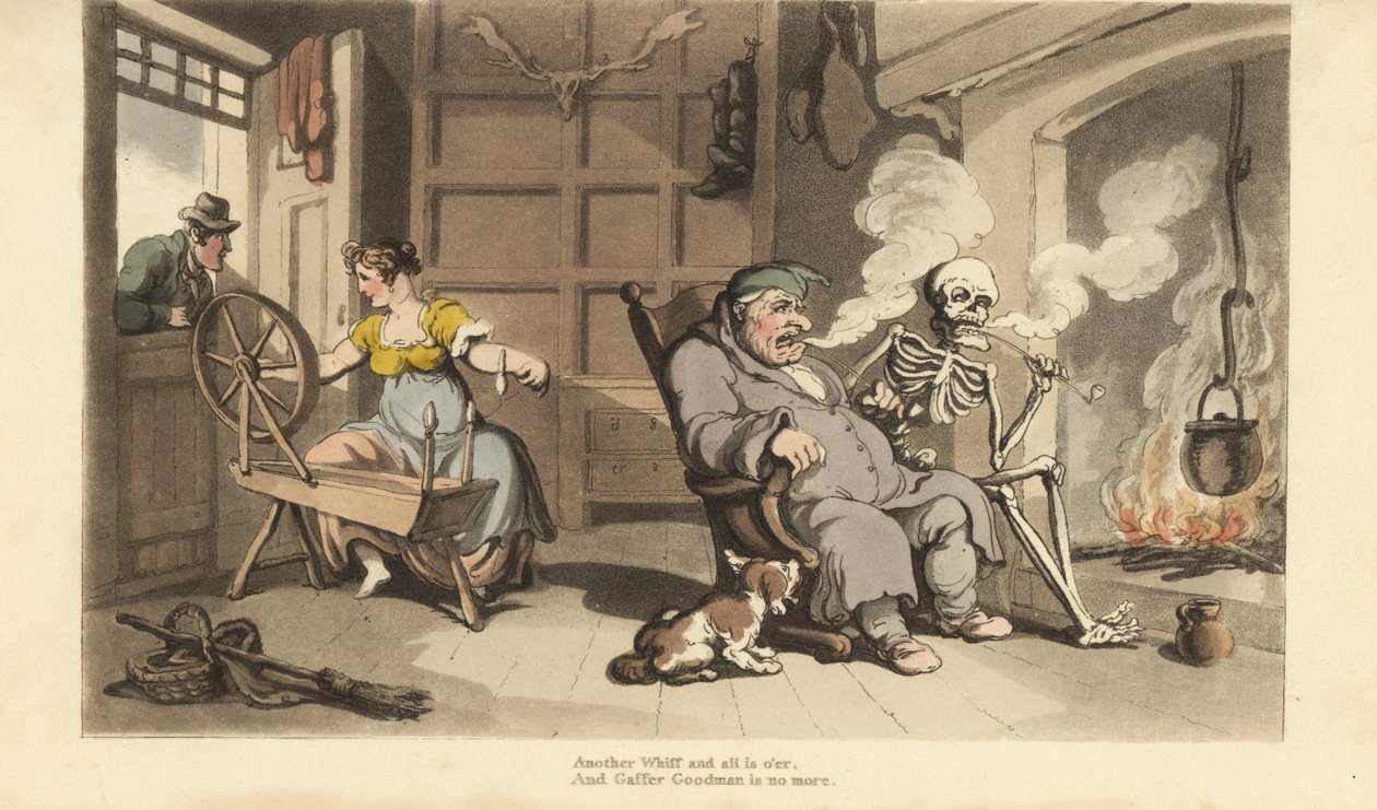 Lo scheletro della Morte fuma una pipa accanto al focolare con il vecchio Gaffer Goodman, mentre la sua giovane moglie viene sedotta da un corteggiatore alla finestra. Incisione colorata a mano disegnata e incisa da Thomas Rowlandson da 