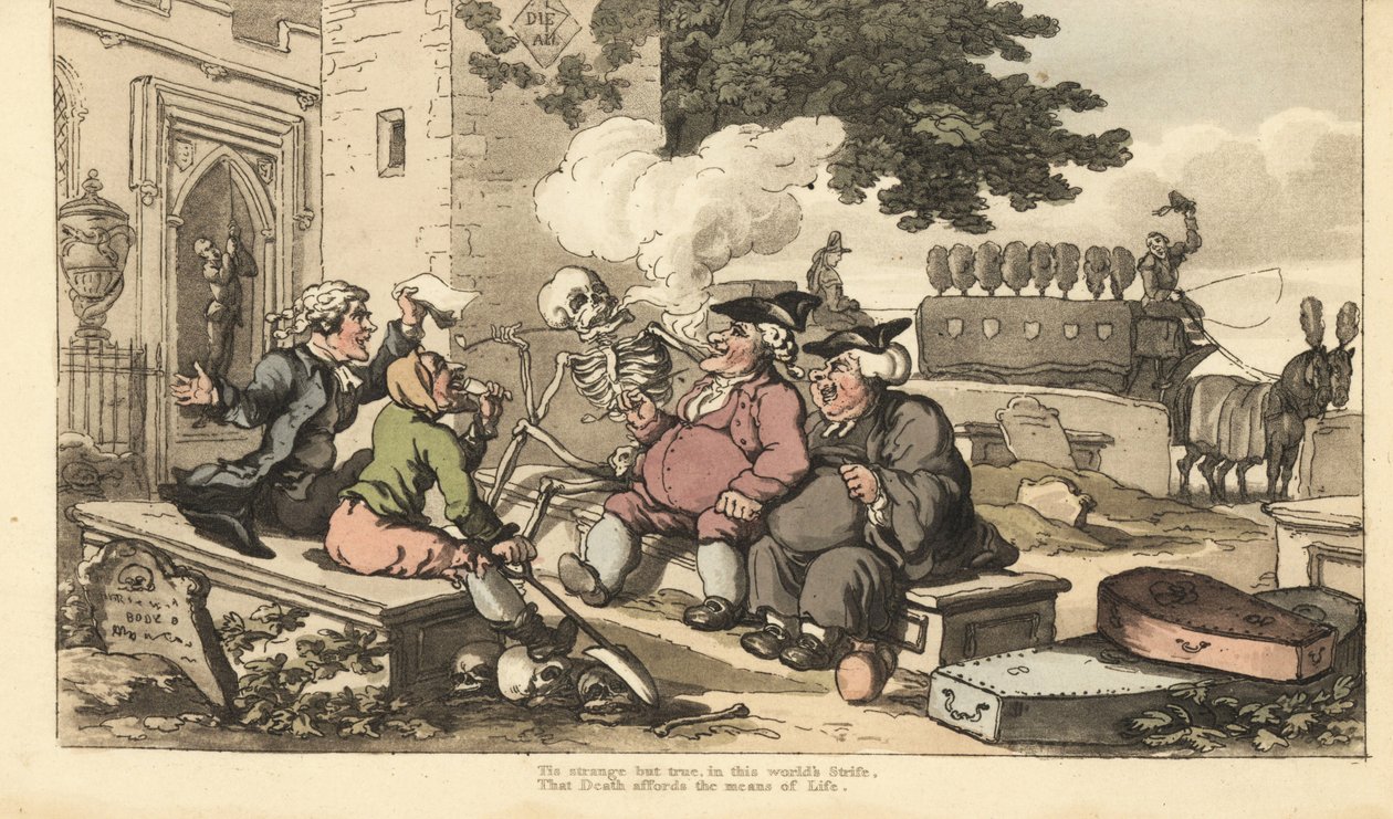 Lo scheletro della Morte fuma una pipa su una lapide con uomini che traggono profitto dalla morte - sacerdote, becchino, impresario di pompe funebri, campanaro, conducente di carro funebre e avvocato. Il dibattito nel cimitero. Incisione colorata a mano di da Thomas Rowlandson