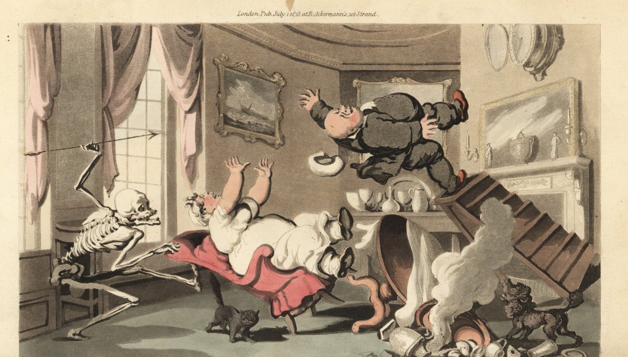 Lo scheletro della Morte lancia il suo dardo a un uomo mentre cade da una scala mentre carica un orologio sopra il camino. Cade sulla moglie seduta su una sedia. Incisione colorata a mano disegnata e incisa da Thomas Rowlandson da The English Dance of Deat da Thomas Rowlandson