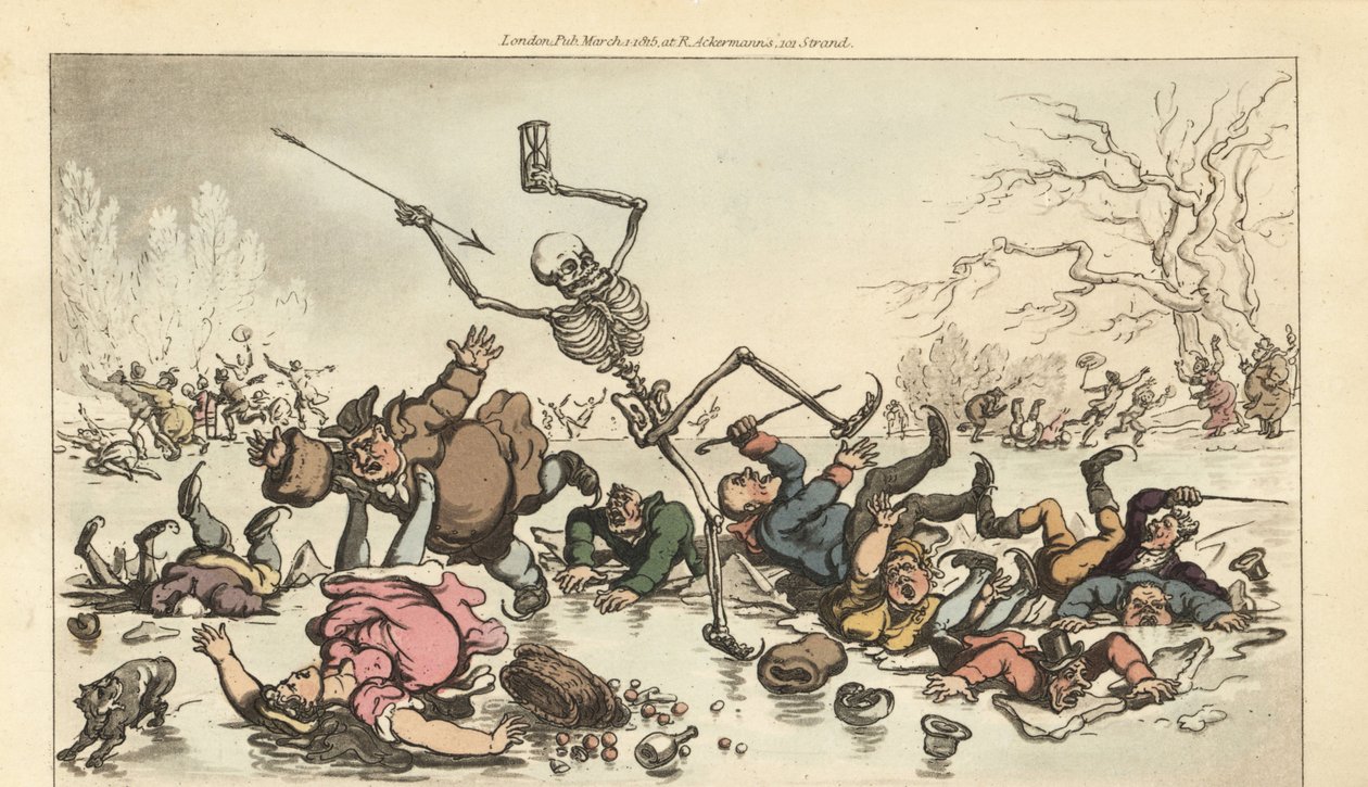 Lo scheletro della Morte con dardo e clessidra pattina su uno stagno ghiacciato mentre altri pattinatori cadono attraverso il ghiaccio rotto. Incisione a mano colorata su rame disegnata e incisa da Thomas Rowlandson da The English Dance of Death, Ackermann da Thomas Rowlandson