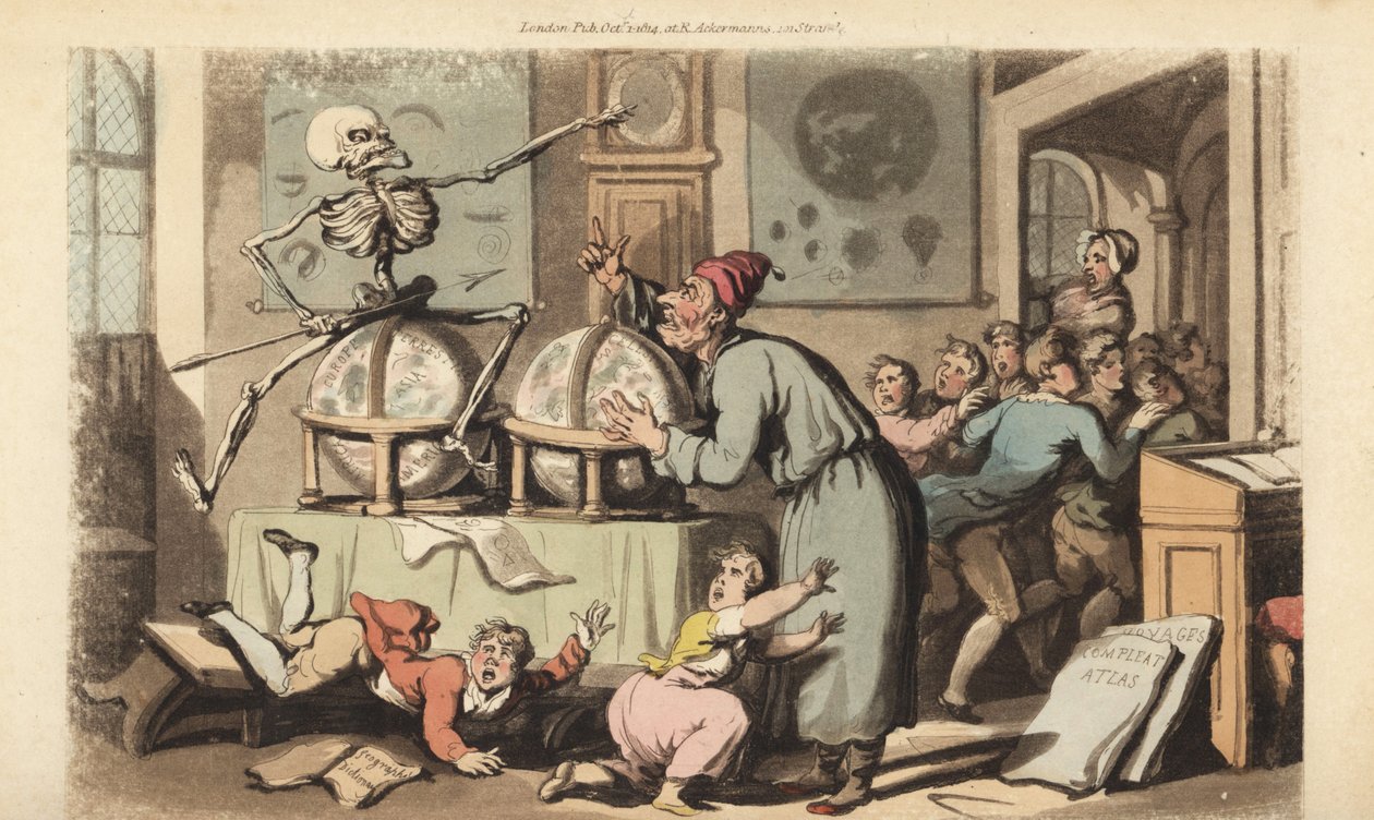 Lo scheletro della Morte con la sua freccia viene per un maestro di scuola mentre insegna astronomia a una classe di bambini che fuggono terrorizzati da Thomas Rowlandson