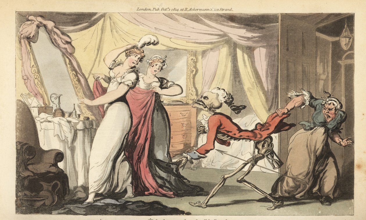 Lo scheletro della Morte con la sua clessidra viene per una bella civetta nella sua camera da letto mentre è vestita per un ballo dai suoi servi. La Morte è vestita con abito e parrucca come un pretendente da Thomas Rowlandson