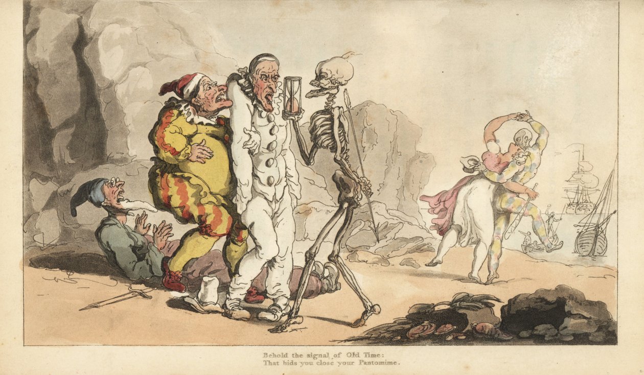 Lo scheletro della Morte con clessidra e dardo arriva per un Pierrot e altri clown, mentre un arlecchino danza con una donna su una spiaggia. Incisione colorata a mano disegnata e incisa da Thomas Rowlandson da The English Dance of Death, Ackermann, Londra da Thomas Rowlandson