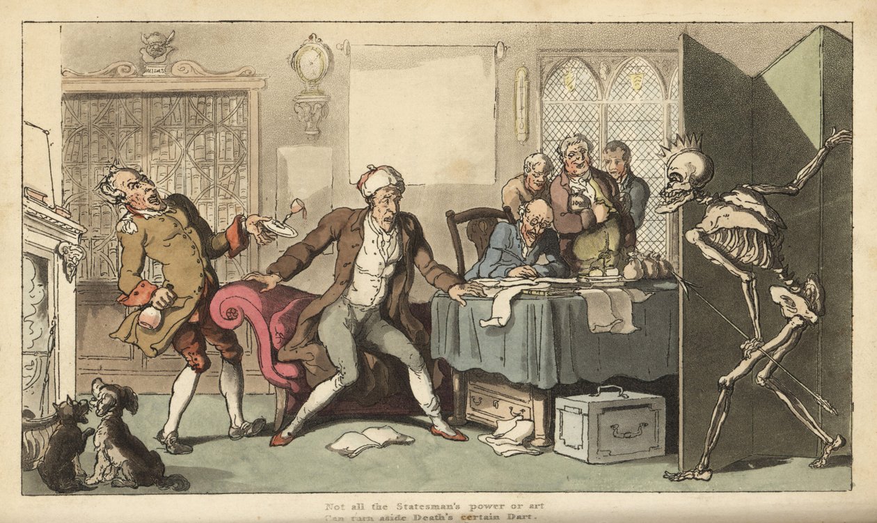 Lo scheletro della Morte sorprende lo statista nel suo ufficio con la sua corona e il dardo emergendo da dietro uno schermo. Incisione colorata a mano disegnata e incisa da Thomas Rowlandson da 