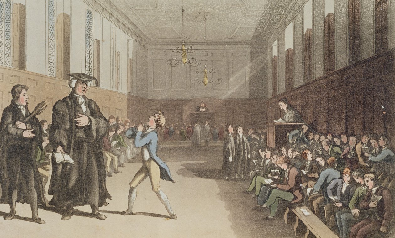 Il severo precettore, con il suo minaccioso cenno, richiama la saggia correzione della verga, da A Compendious Treatise on Modern Education, 1802 (tavola incisa colorata a mano) da Thomas Rowlandson