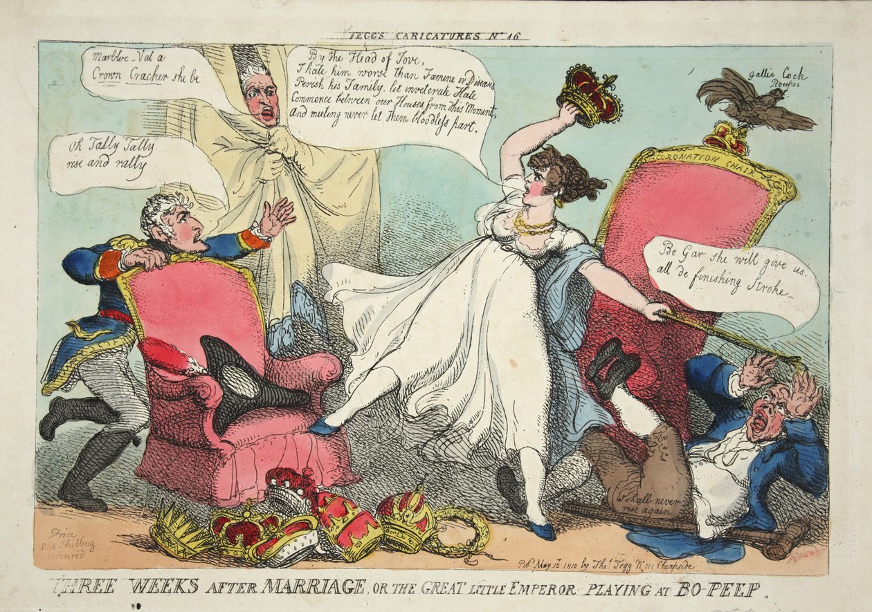 Tre settimane dopo il matrimonio, o il grande piccolo imperatore che gioca a nascondino, pub. 1810 da Thomas Rowlandson