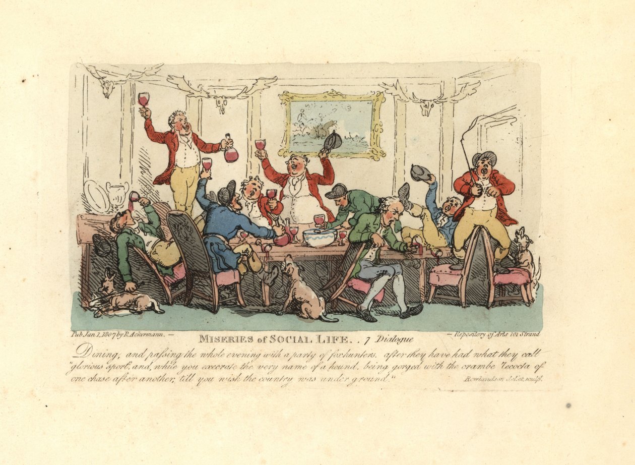 Uomo stanco e ubriaco a una cena rumorosa con cacciatori di volpi da Thomas Rowlandson