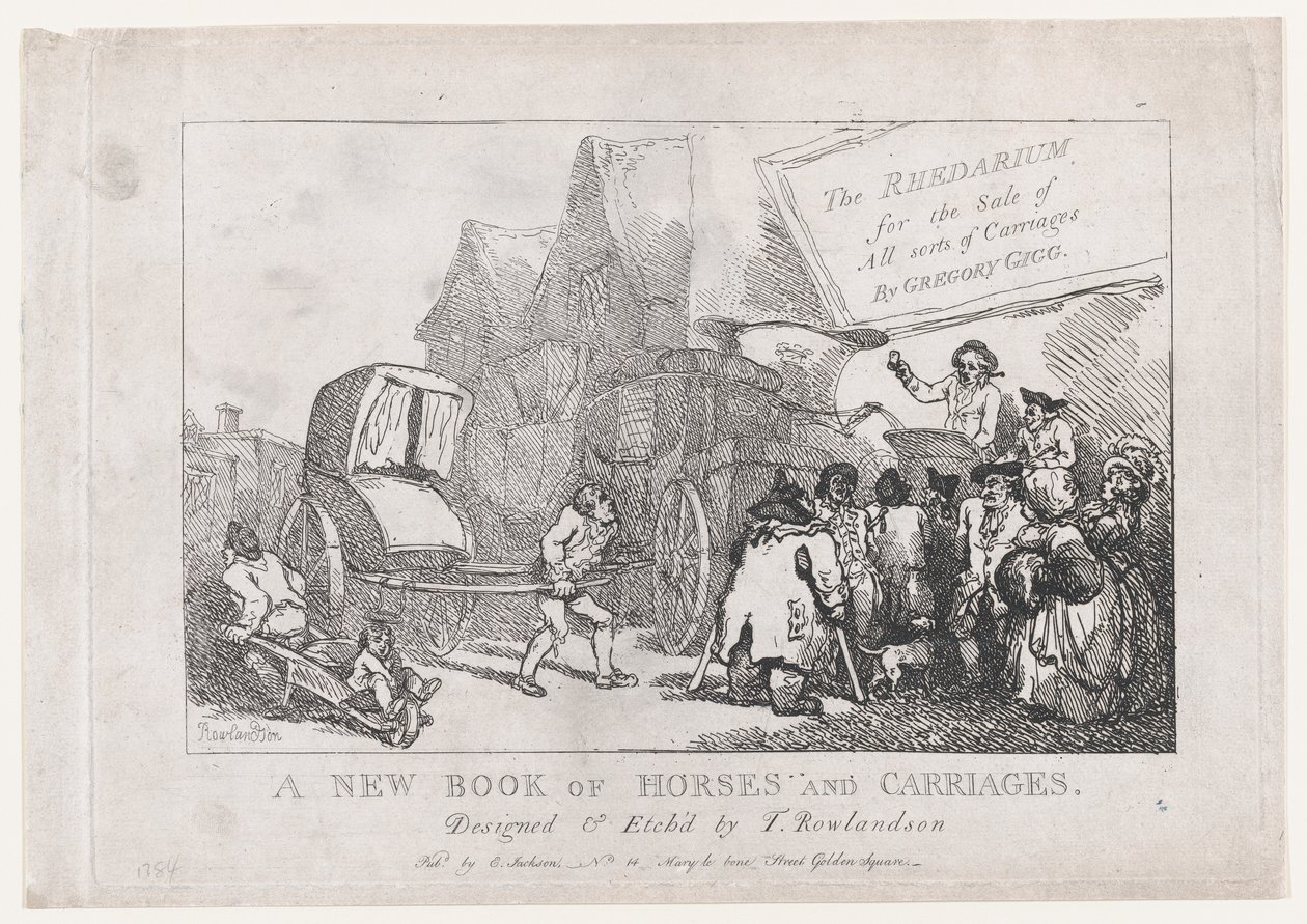 Pagina del titolo: Un nuovo libro di cavalli e carrozze, o, Il Rhedarium per la vendita di tutti i tipi... da Thomas Rowlandson