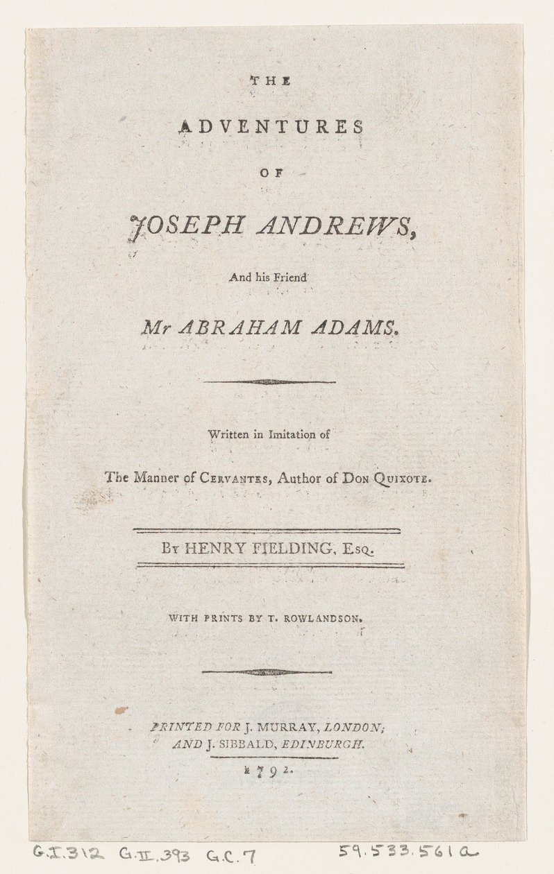 Pagina del Titolo: Le Avventure di Joseph Andrews e del Suo Amico Mr. Abraham Adams da Thomas Rowlandson