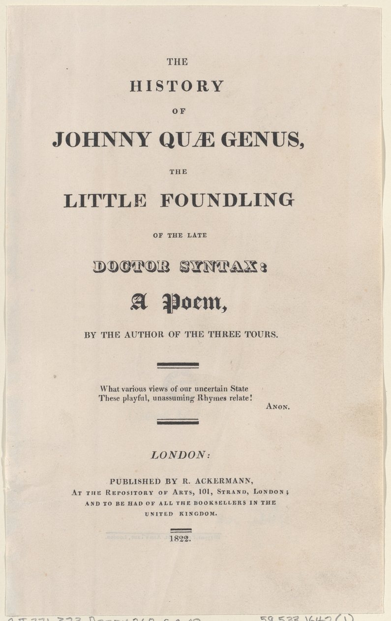 Pagina del titolo, da The History of Johnny Quae Genus, The Little Foundling of the Late Doctor da Thomas Rowlandson