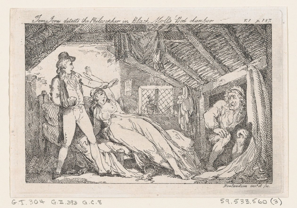 Tom Jones scopre il filosofo nella camera da letto di Black Moll, The History of Tom Jones da Thomas Rowlandson
