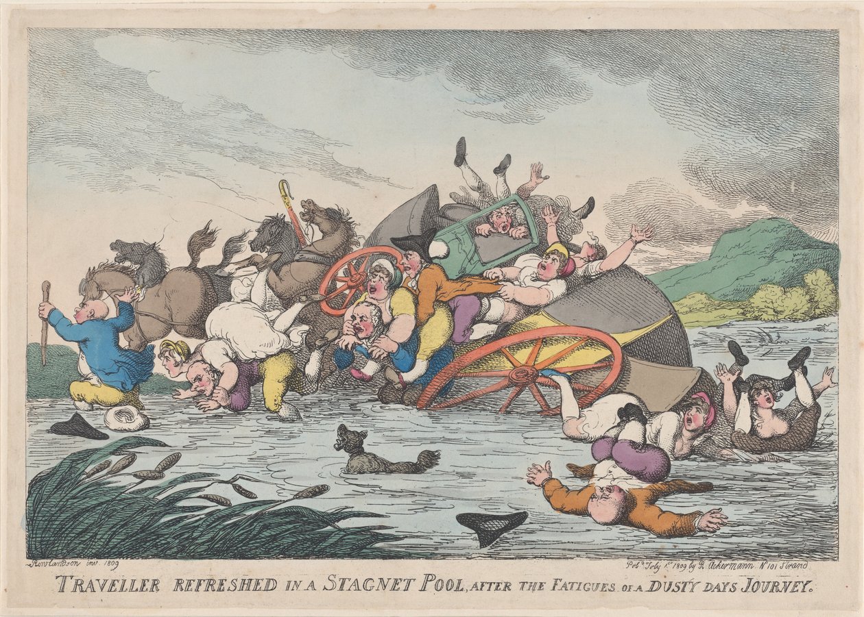 Viaggiatore rinfrescato in una pozza stagnante dopo le fatiche di una polverosa... da Thomas Rowlandson