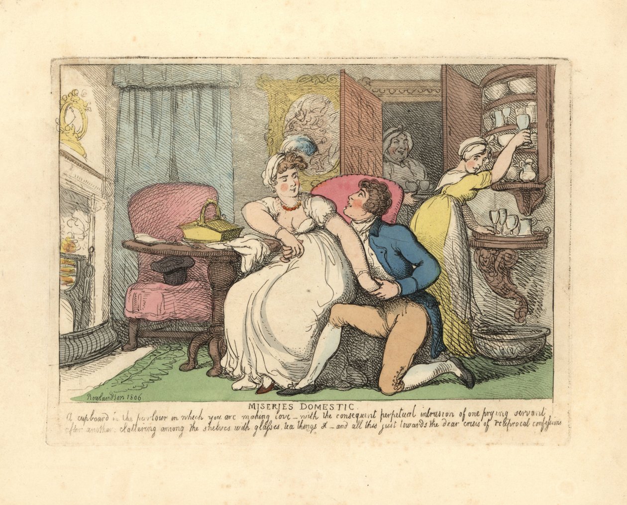 Due amanti in un salotto disturbati da cameriere curiose da Thomas Rowlandson