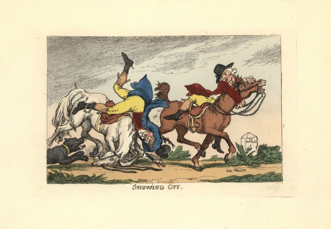 Due uomini che cadono dai loro cavalli dopo aver fatto i gradassi da Thomas Rowlandson