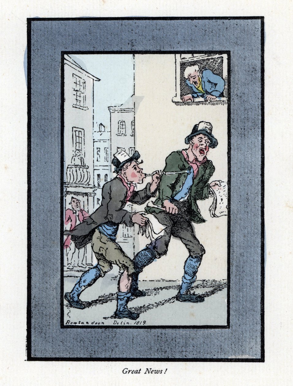 Due venditori di giornali con lunghi fischietti che vendono giornali in una strada di Londra. Incisione su legno, basata su un dipinto di Thomas Rowlandson (1756-1827), pubblicata in The Cris of London: con sei bambini affascinanti e quasi 40 illustrazioni da Thomas Rowlandson