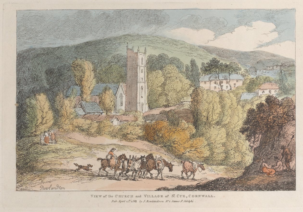 Vista della chiesa e del villaggio di St. Cue, in Cornovaglia da Thomas Rowlandson