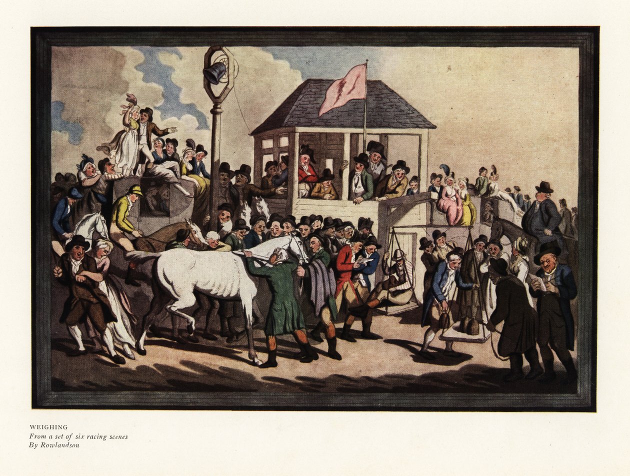 Pesatura di un fantino su una bilancia in un ippodromo da Thomas Rowlandson