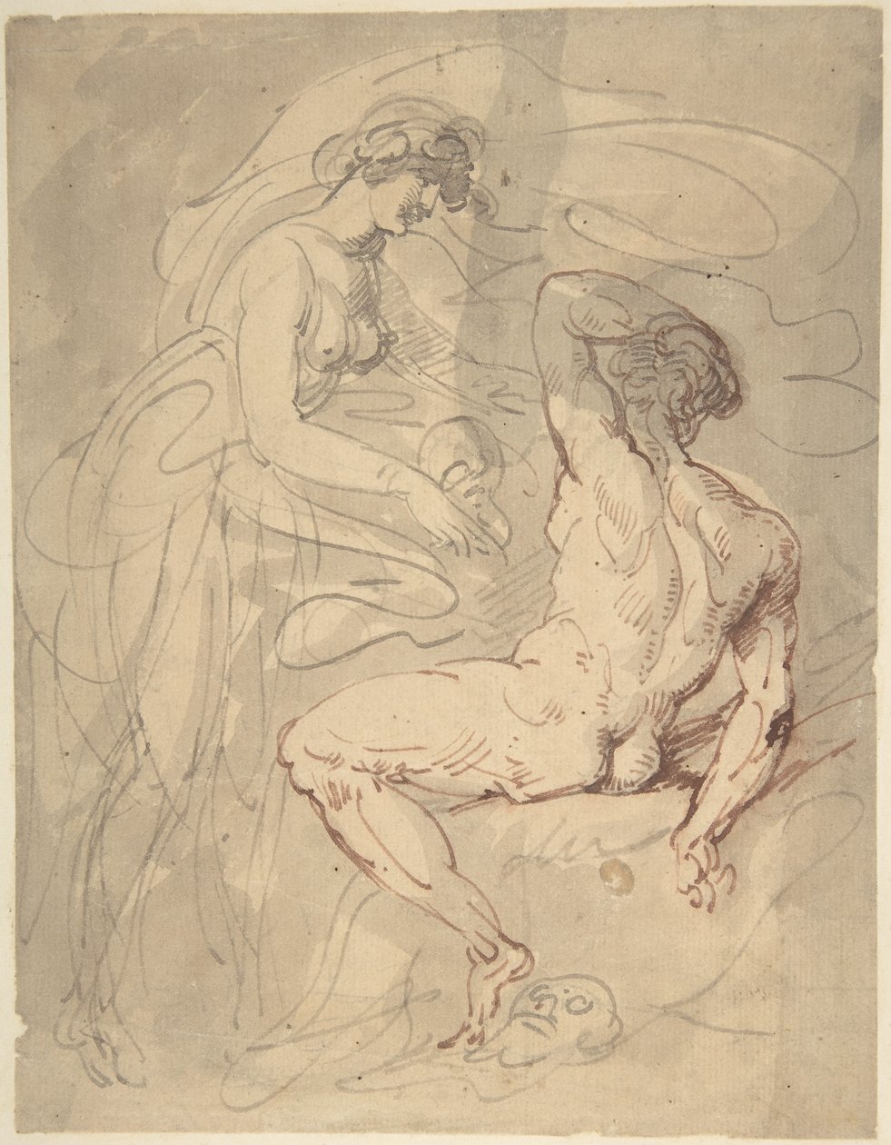 Donna che parla con un uomo nudo seduto da Thomas Rowlandson