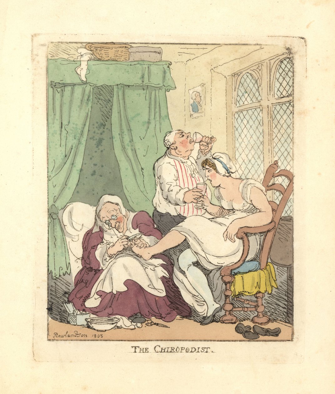 Donna che si fa trattare dolorosamente i piedi da un podologo da Thomas Rowlandson
