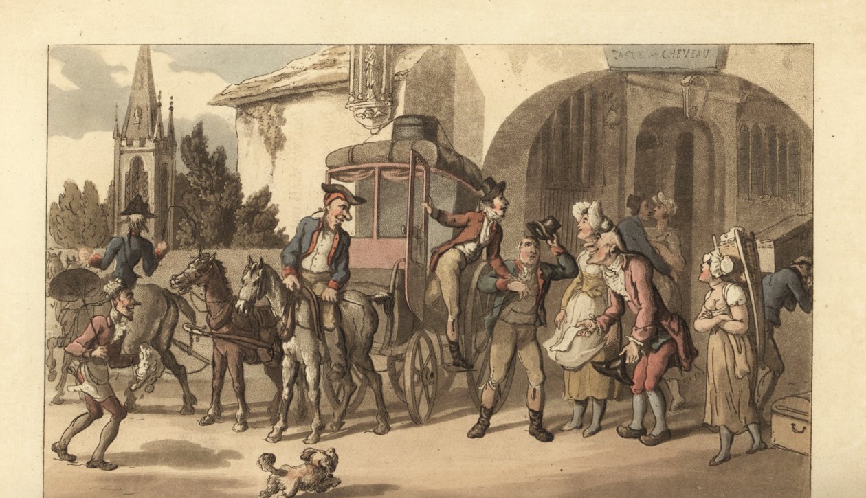 Giovane gentiluomo inglese che arriva a una stazione di posta francese da Thomas Rowlandson