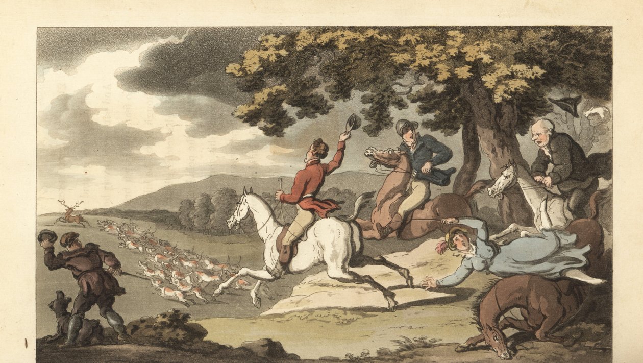 Giovane gentiluomo inglese che cavalca con i cani in una caccia al cervo da Thomas Rowlandson