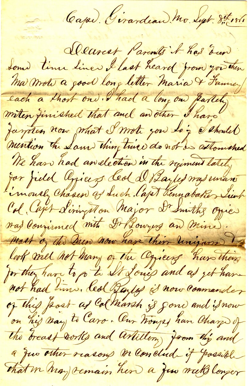 Lettera firmata T.S. Hawley, Cape Girardeau, Missouri, ai genitori, 8 settembre 1861 da Thomas S. Hawley