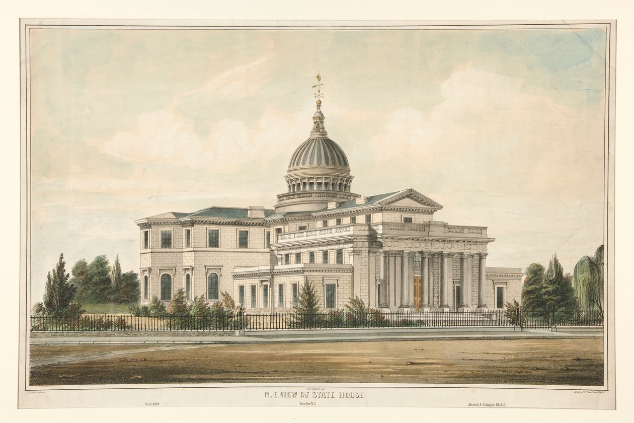 Vista nord-est della State House costruita nel 1794 - Trenton, N.J. Modificata e ampliata nel 1845-6 da Thomas S. Sinclair