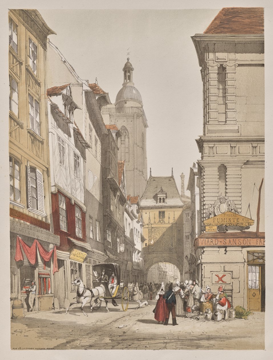 Architettura pittoresca a Parigi, Gand, Anversa, Rouen: Rue de la Crosse Horlogue, Rouen, Francia da Thomas Shotter Boys
