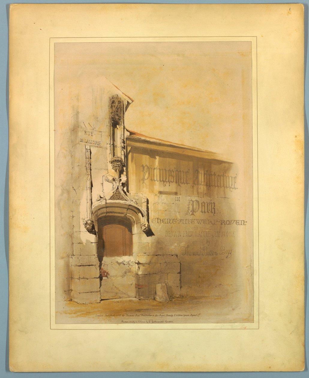 Pagina del titolo, "Architettura pittoresca a Parigi, Gand, Anversa, Rouen, ecc." da Thomas Shotter Boys