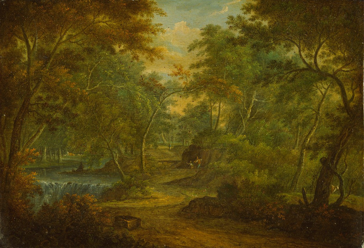 Paesaggio boscoso con un ruscello e un pescatore da Thomas Smith of Derby