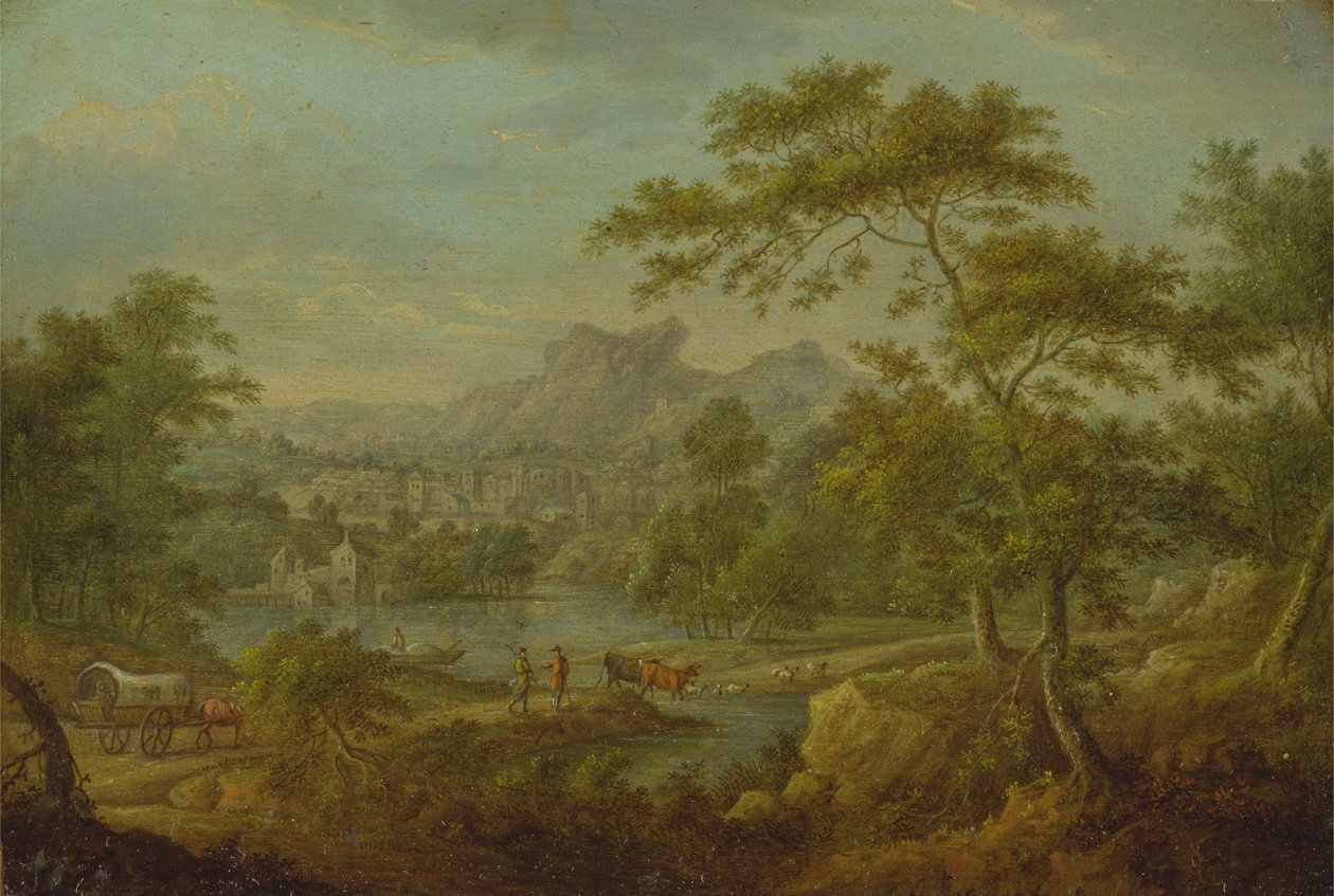 Paesaggio immaginario con un carro e una vista lontana di una città da Thomas Smith of Derby