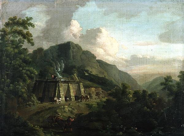 Paesaggio boscoso, con lavoratori e cavalli che lavorano a una fornace di calce da Thomas Smith of Derby