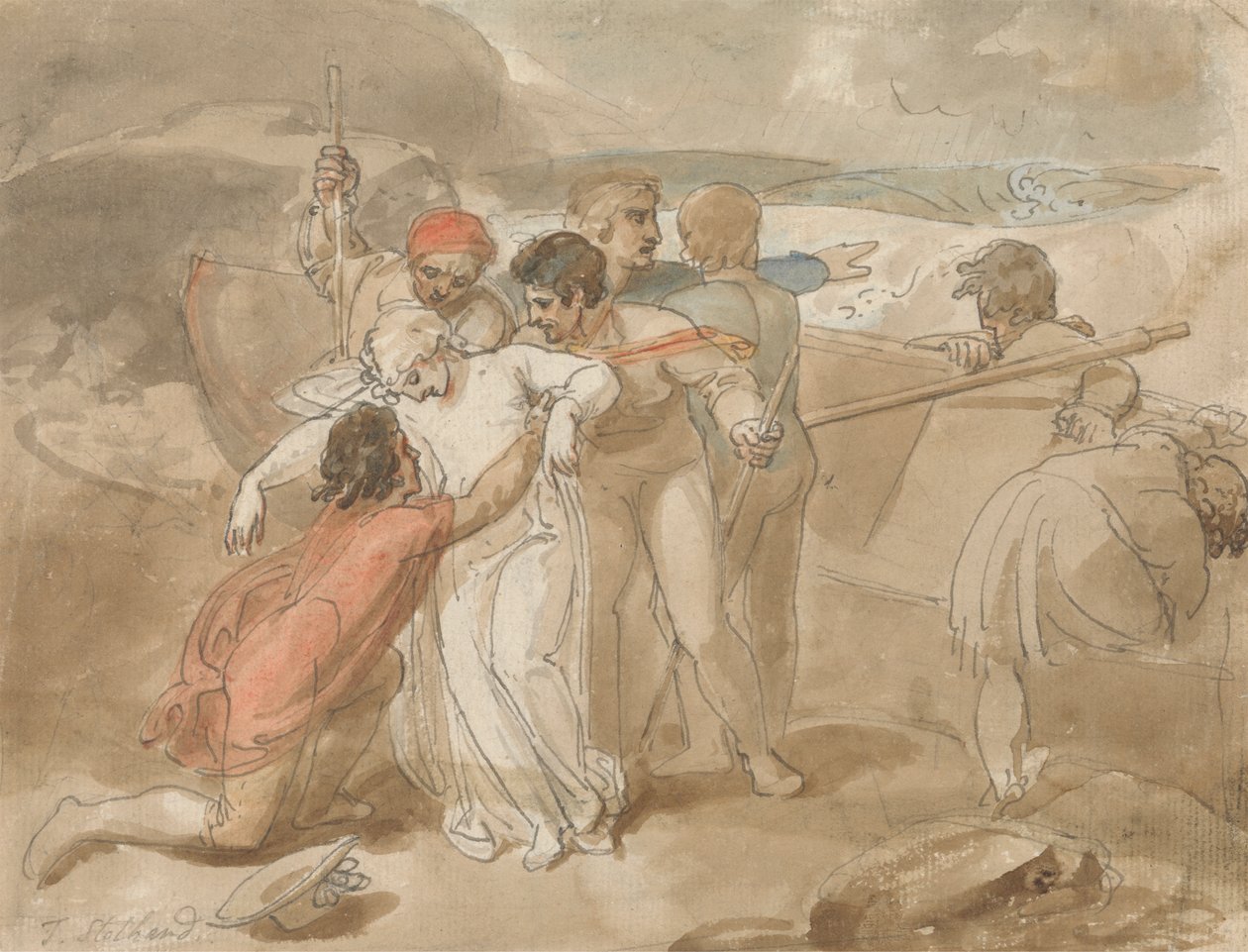 Una donna salvata dal mare e assistita a riva, barca a remi e soccorritori sullo sfondo da Thomas Stothard