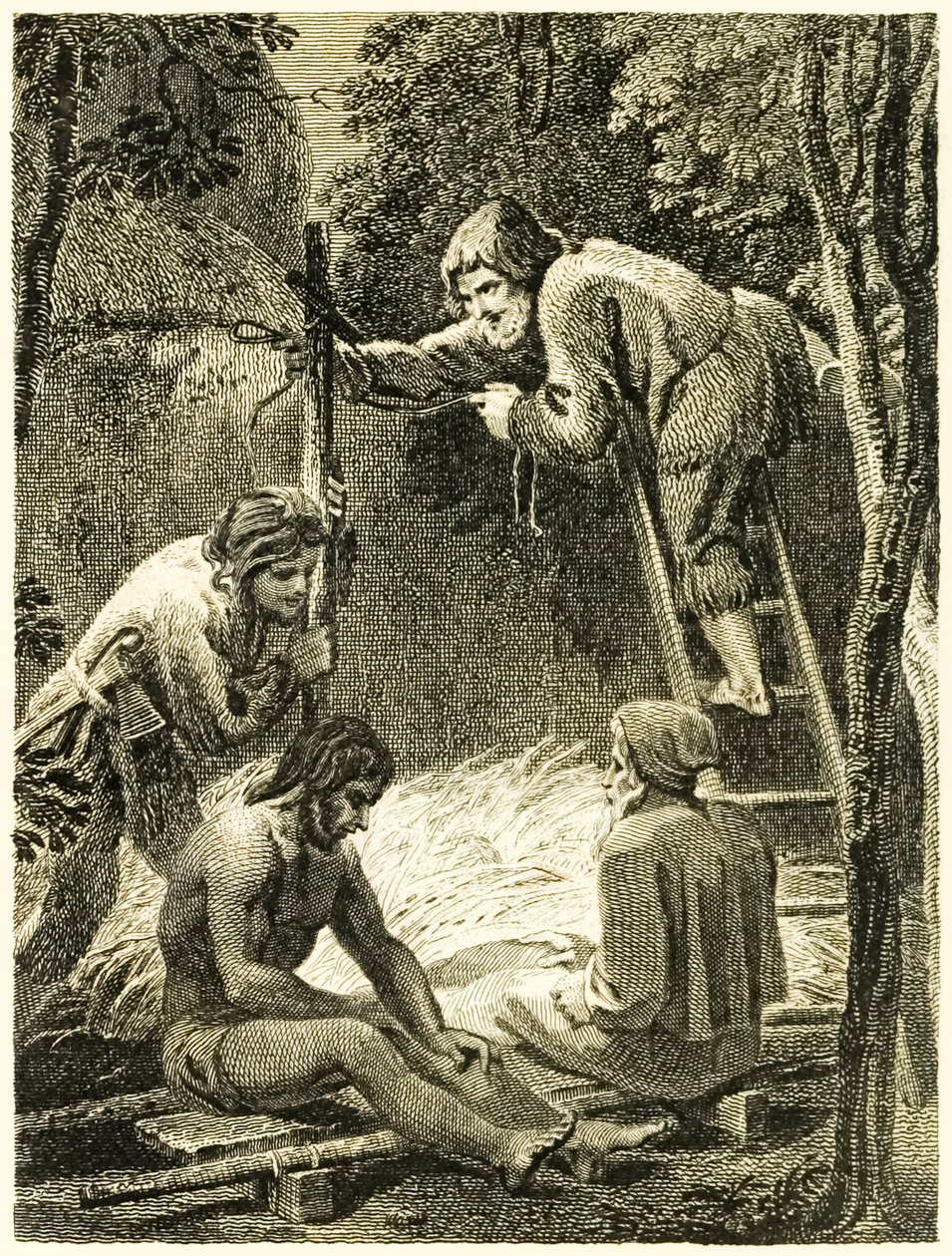 Robinson Crusoe e Venerdì costruiscono una tenda per ospitare il padre di Venerdì e lo spagnolo da 