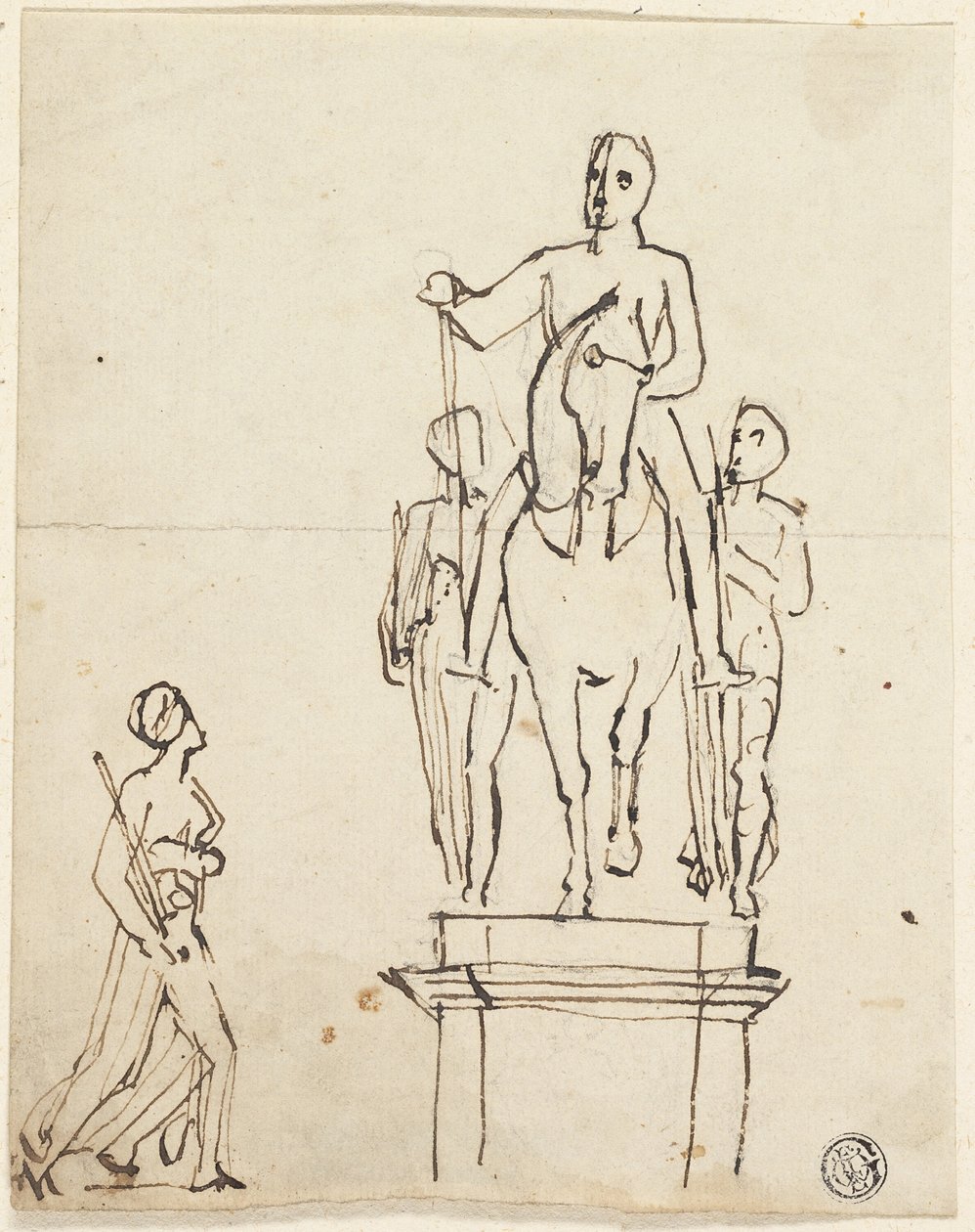Scultura di Cavaliere Accompagnato da Due Figure in Piedi, con Schizzo di Una di Esse da Thomas Stothard