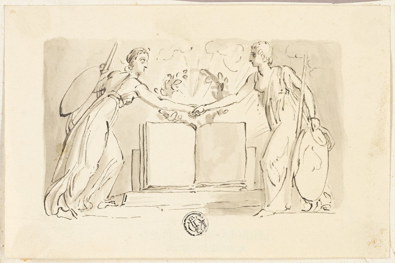 Due figure femminili allegoriche che si stringono la mano davanti a un libro da Thomas Stothard