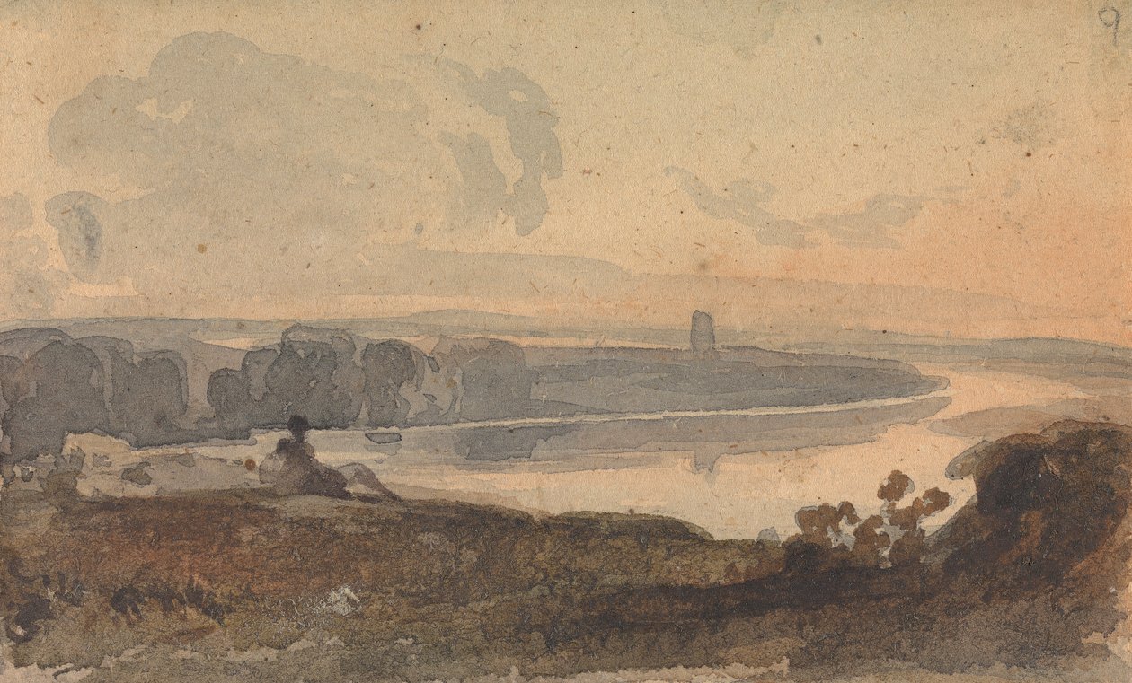 Paesaggio, con fiume tortuoso, figura su una collina in primo piano da Thomas Sully