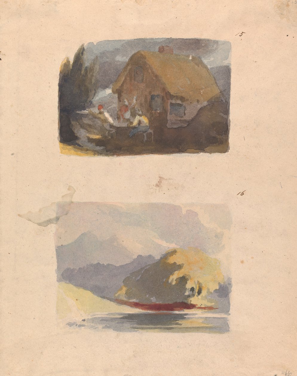 Due disegni su un foglio: Cottage con figure davanti (n. 15); Paesaggio con fiume e montagne - Sole (n. 16) da Thomas Sully