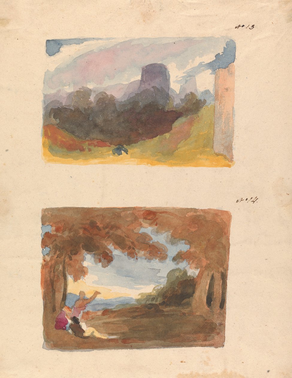 Due disegni su un foglio: Paesaggio con castello - Maniera moderna (n. 13); Paesaggio con figure in primo piano (n. 14) da Thomas Sully