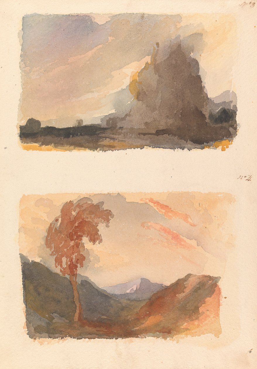 Due disegni su un foglio: Paesaggio con grande scogliera in primo piano - Principio di Cuyp (n. 3); Paesaggio con albero in primo piano, montagne in lontananza - Principio di Both (n. 4) da Thomas Sully