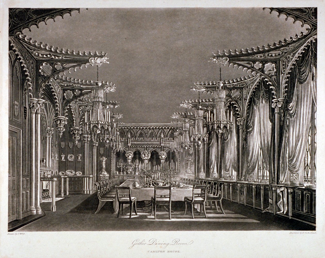 Vista interna della sala da pranzo gotica a Carlton House, Westminster, Londra, 1819 da Thomas Sutherland