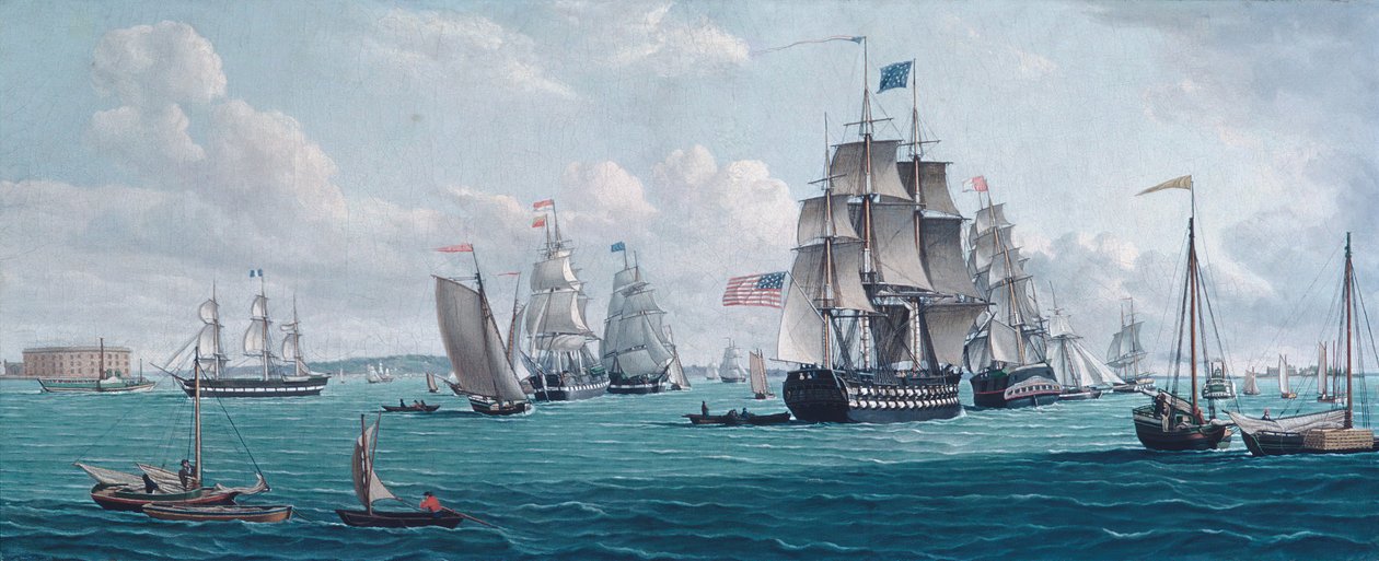 La nave U.S. Franklin, con una vista della baia di New York, 1820 o 1830 da Thomas Thompson