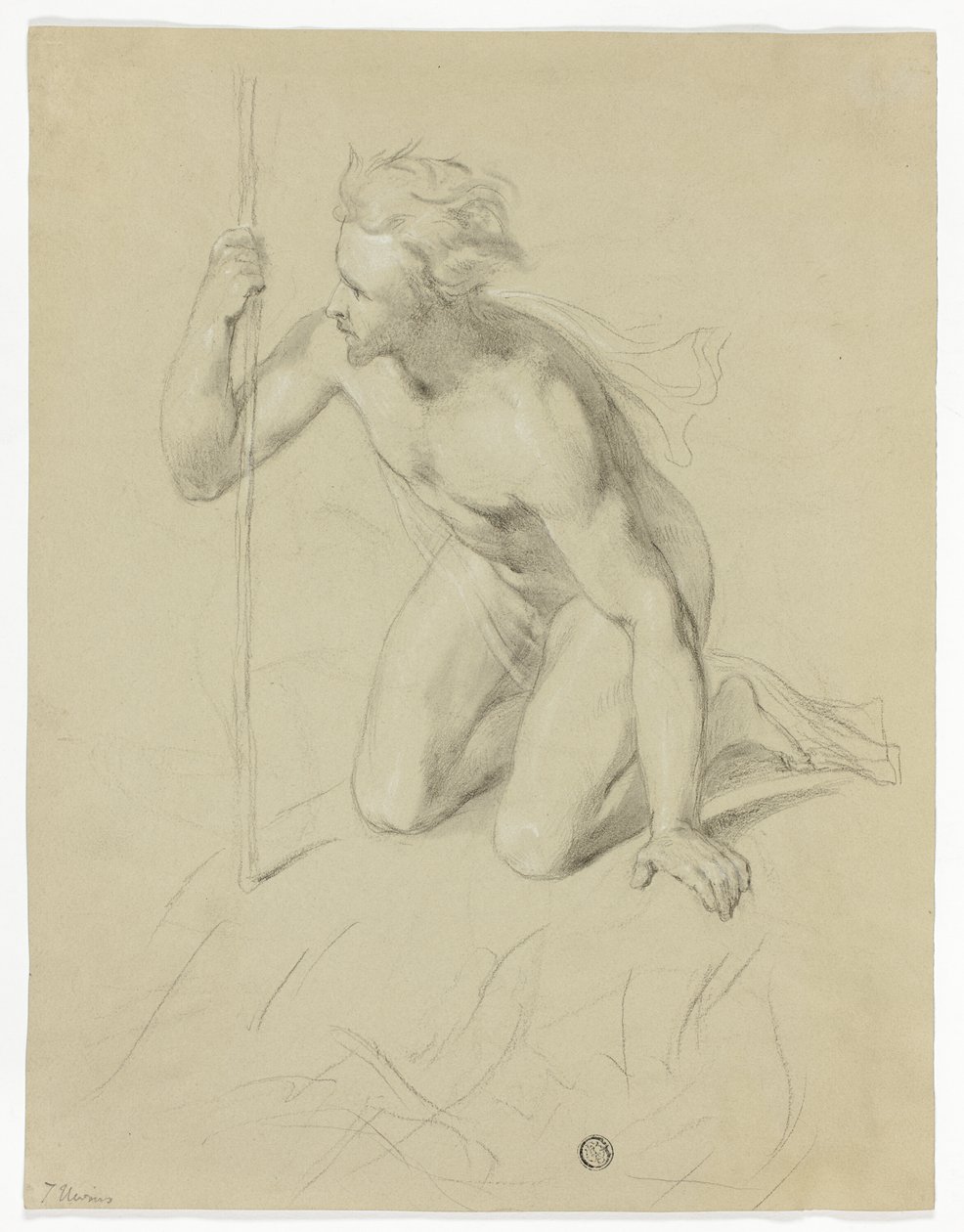 Uomo nudo inginocchiato, con il bastone in mano (recto); panorama alpino (verso) da Thomas Uwins