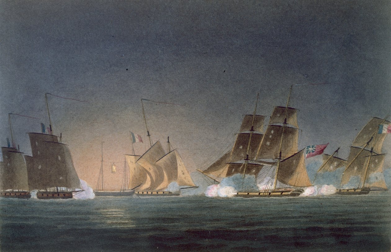 HMS Rinaldo che ingaggia quattro corsari francesi, inciso da J. Bailey per 
