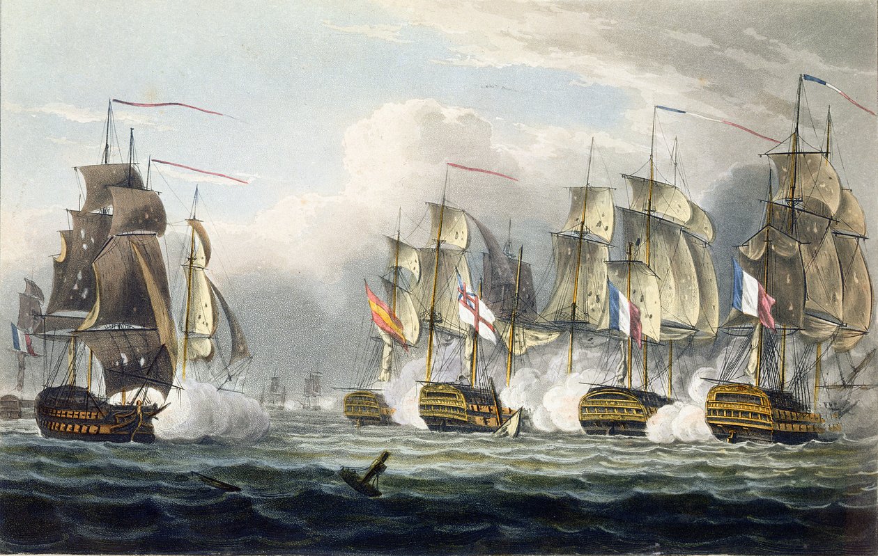 Situazione della HMS Bellerophon dopo la morte del suo comandante Capitano Cooke nella Battaglia di Trafalgar, 21 ottobre 1805, inciso da T. Sutherland per 