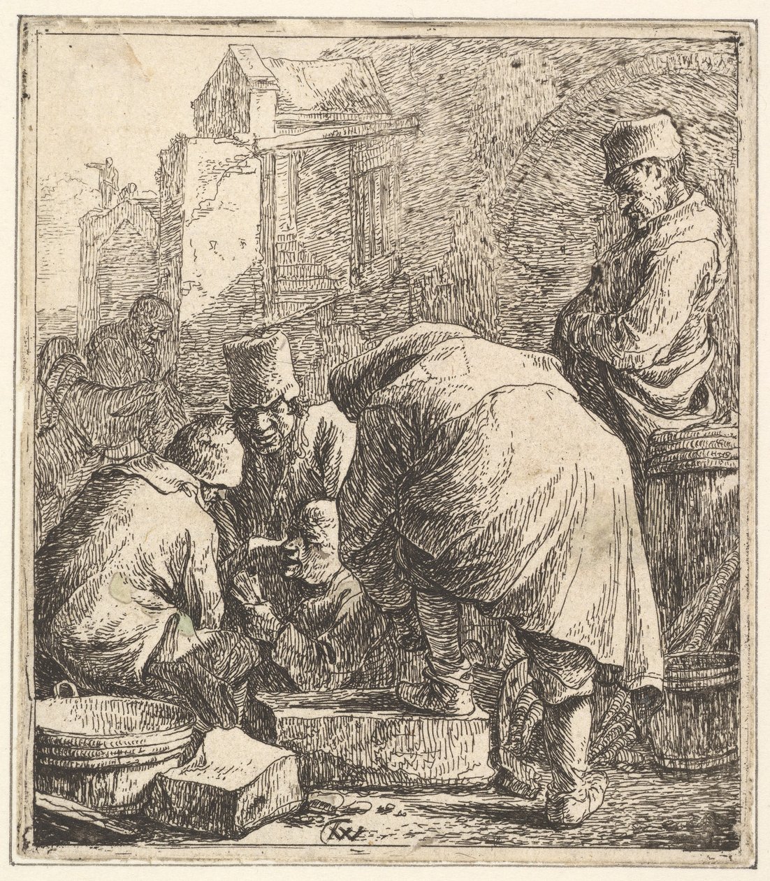 Uomo che si aggiusta le calzature, a sinistra tre uomini che giocano a carte da Thomas Wijck