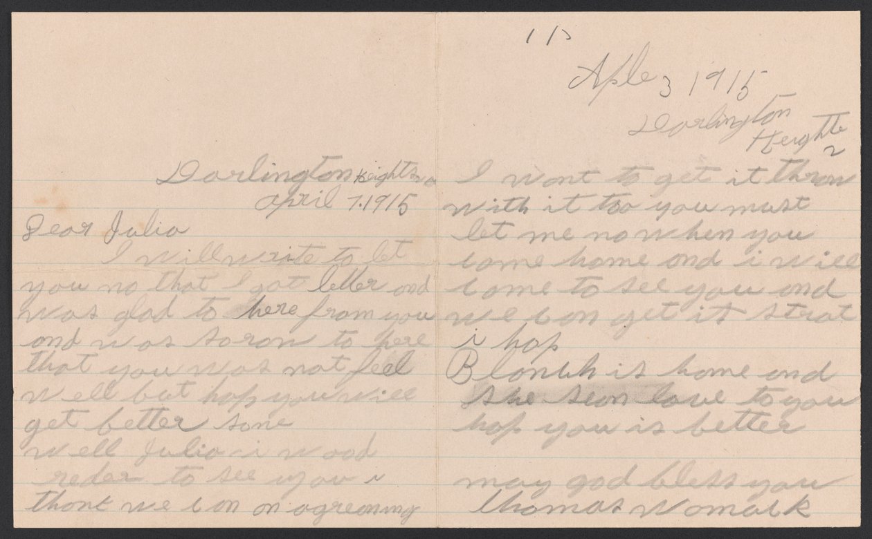 Lettera di Thomas Womack a Julia Womack con busta, 7 aprile 1915 da Thomas Womack