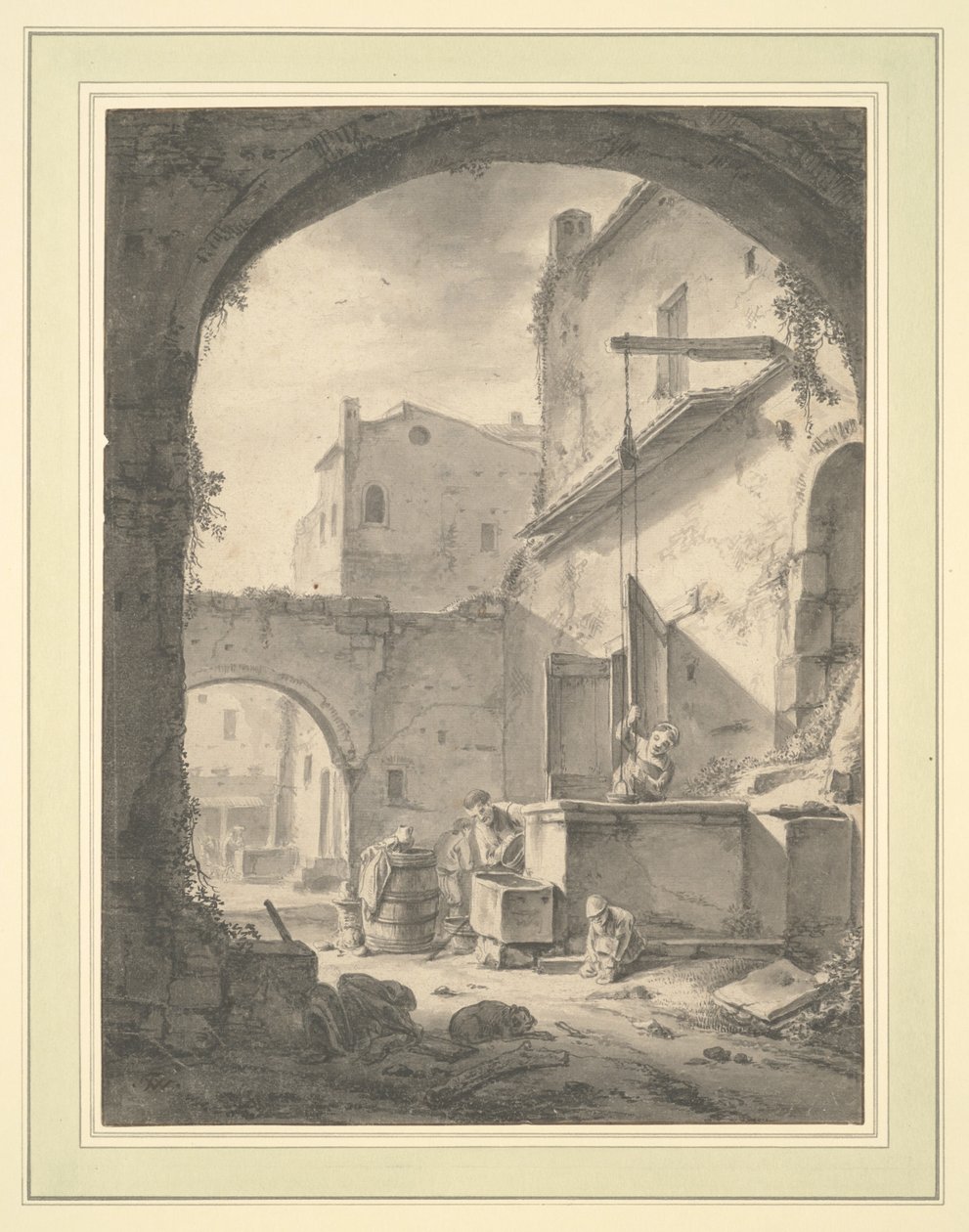Vista in un cortile con una famiglia a un pozzo da Thomas Wyck