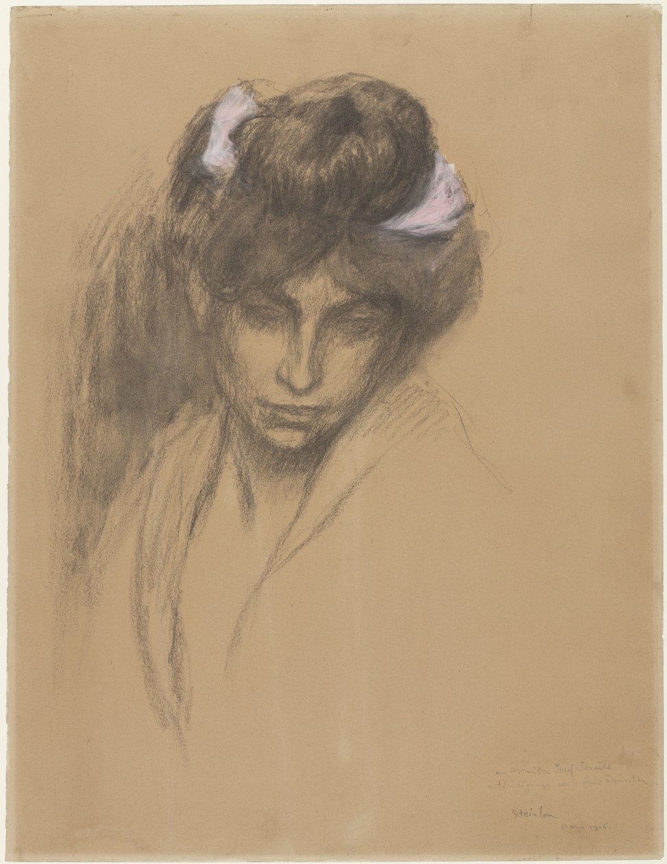 Testa di ragazza scura, che guarda in avanti, con un nastro viola nei capelli da Théophile Alexandre Steinlen